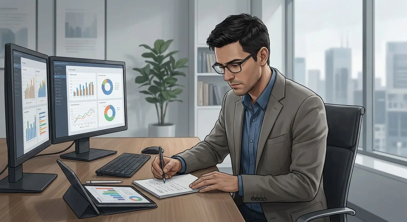 Autor und redaktionelle Analyse Illustration eines neutralen Autors bei der Analyse von Inhalten