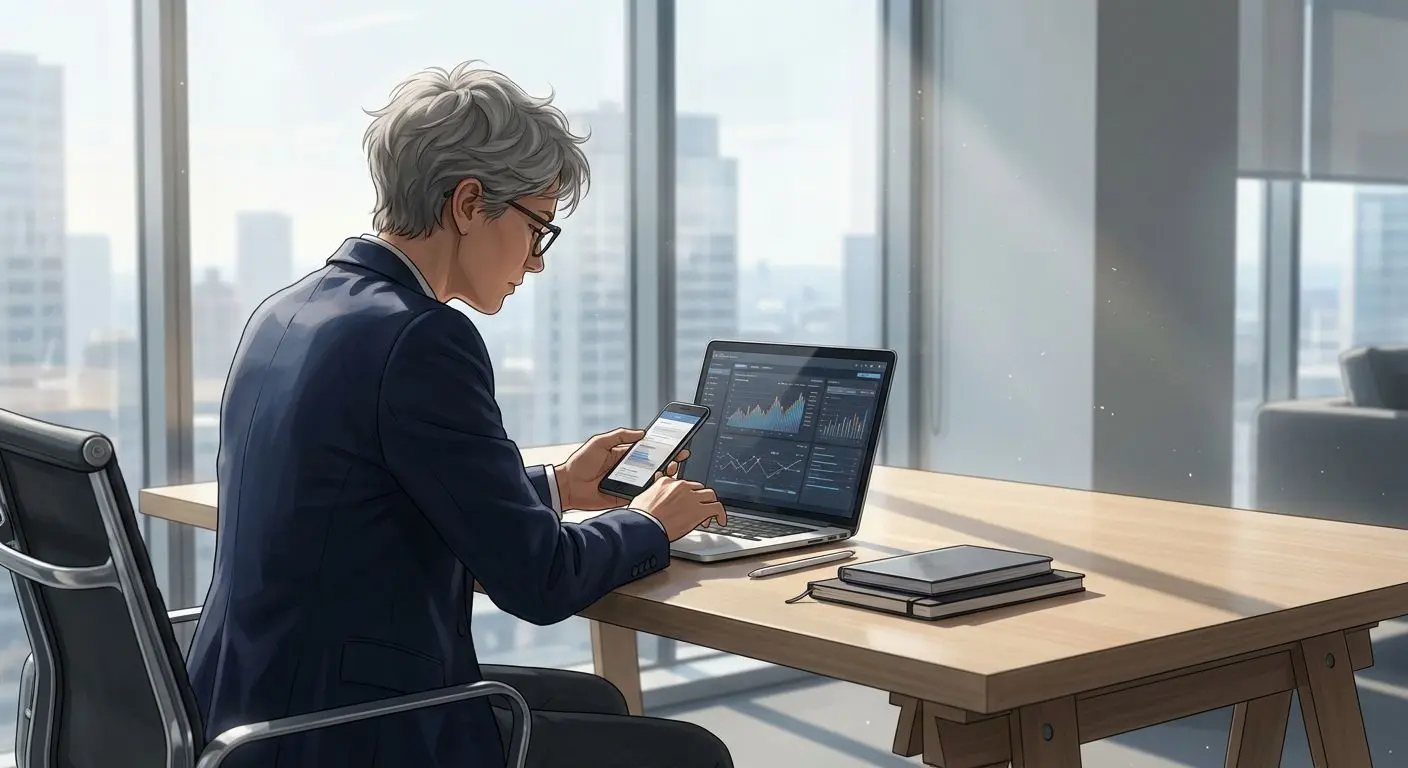 Neutrale Expertenfigur mit Laptop und Smartphone