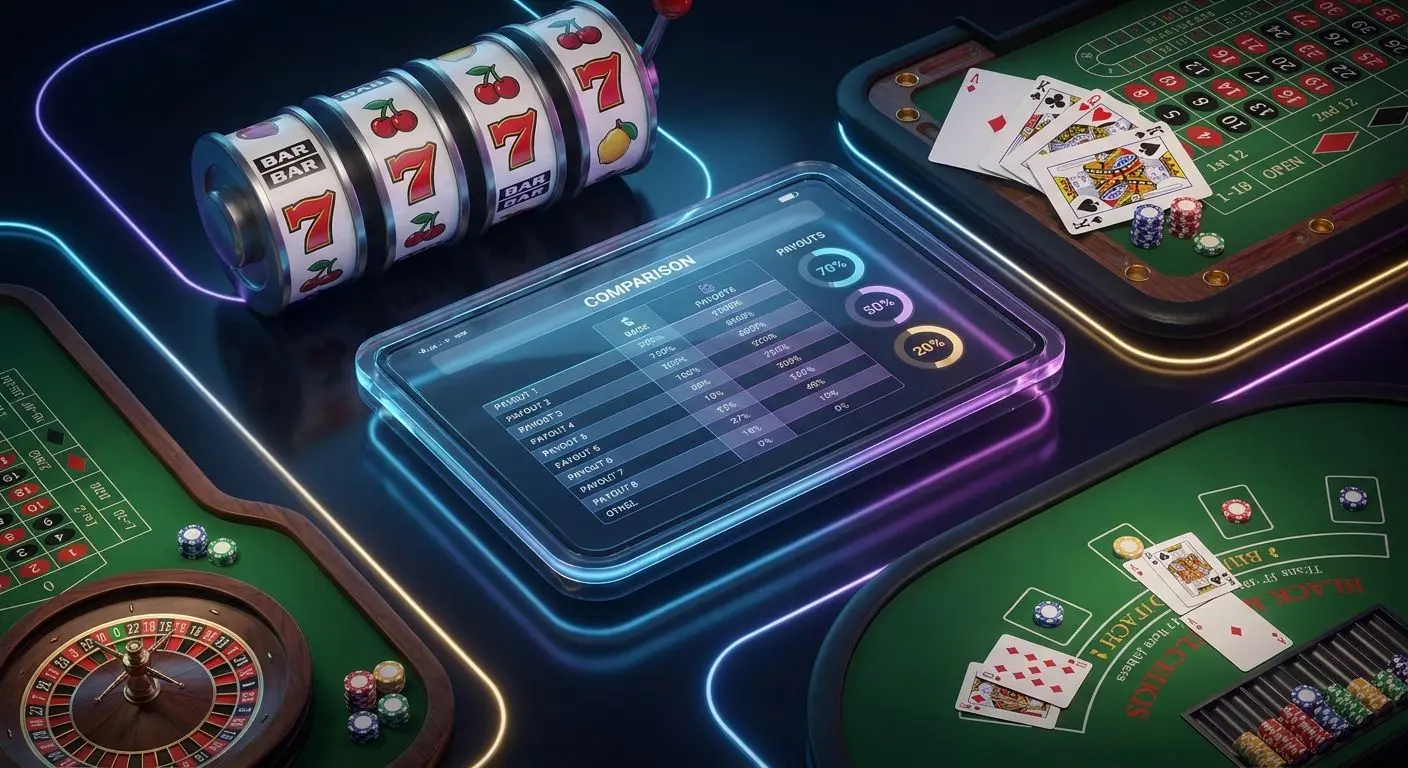 Collage aus Slots und Tischspielen mit Fokus auf Auszahlungsquoten