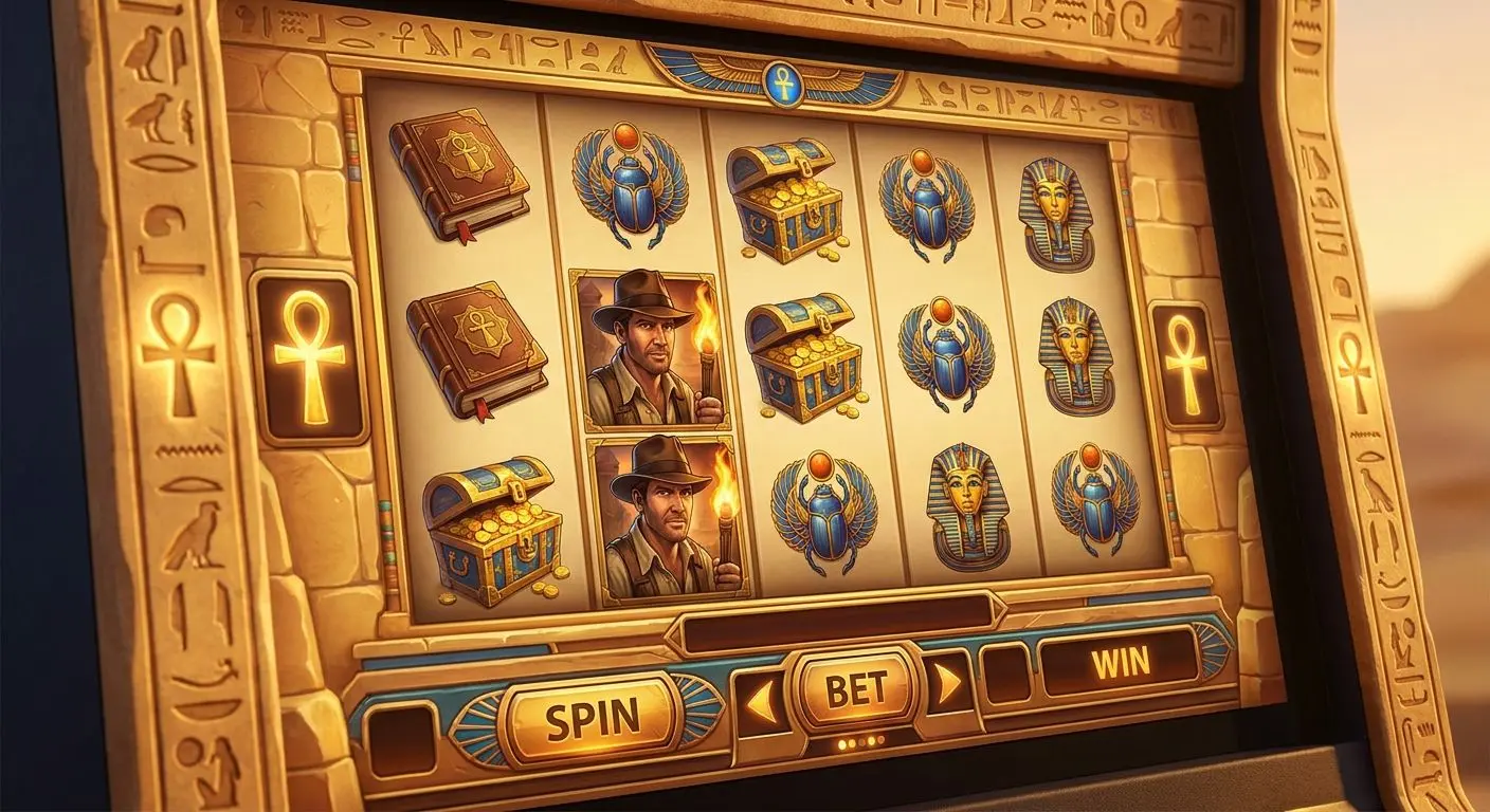 Book of Ra Àhnliche Slot-Ansicht Slot-Ansicht im Àgyptischen Stil mit Buchsymbol und Forscherfigur