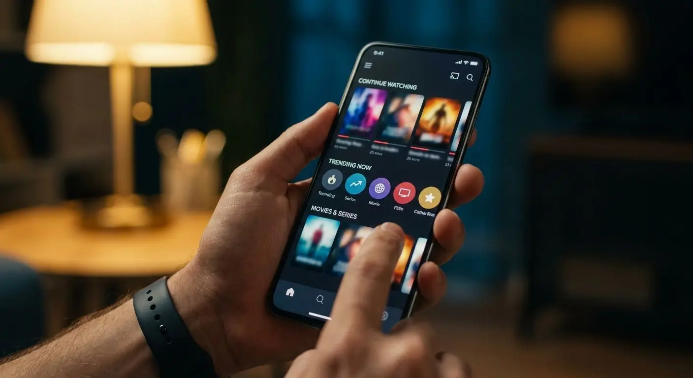 Smartphone mit geöffneter mobiler Entertainment-Lobby in der Hand