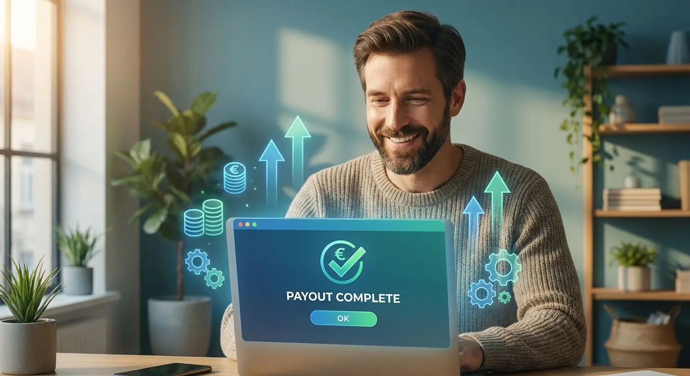 Spieler freut sich über schnelle digitale Auszahlung auf dem Bildschirm
