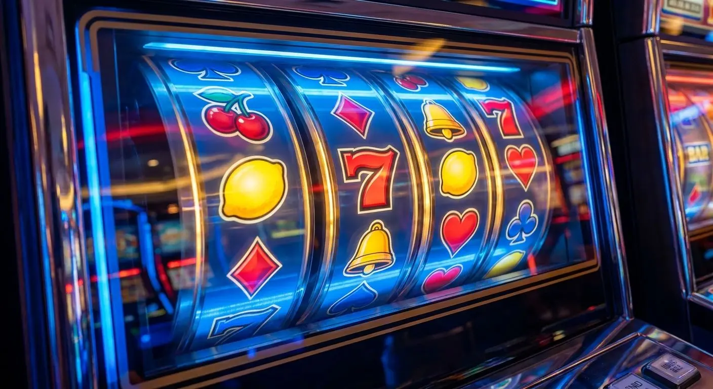 Slot-Reels mit Früchten, Sieben und Kartensymbolen