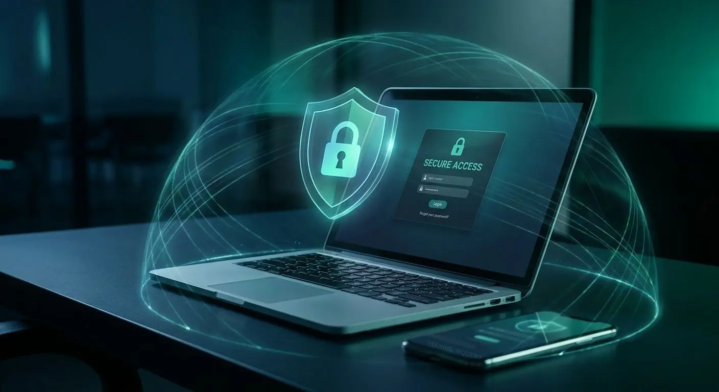 Sicheres Online-Login mit Schutzschild und Schloss-Symbolen