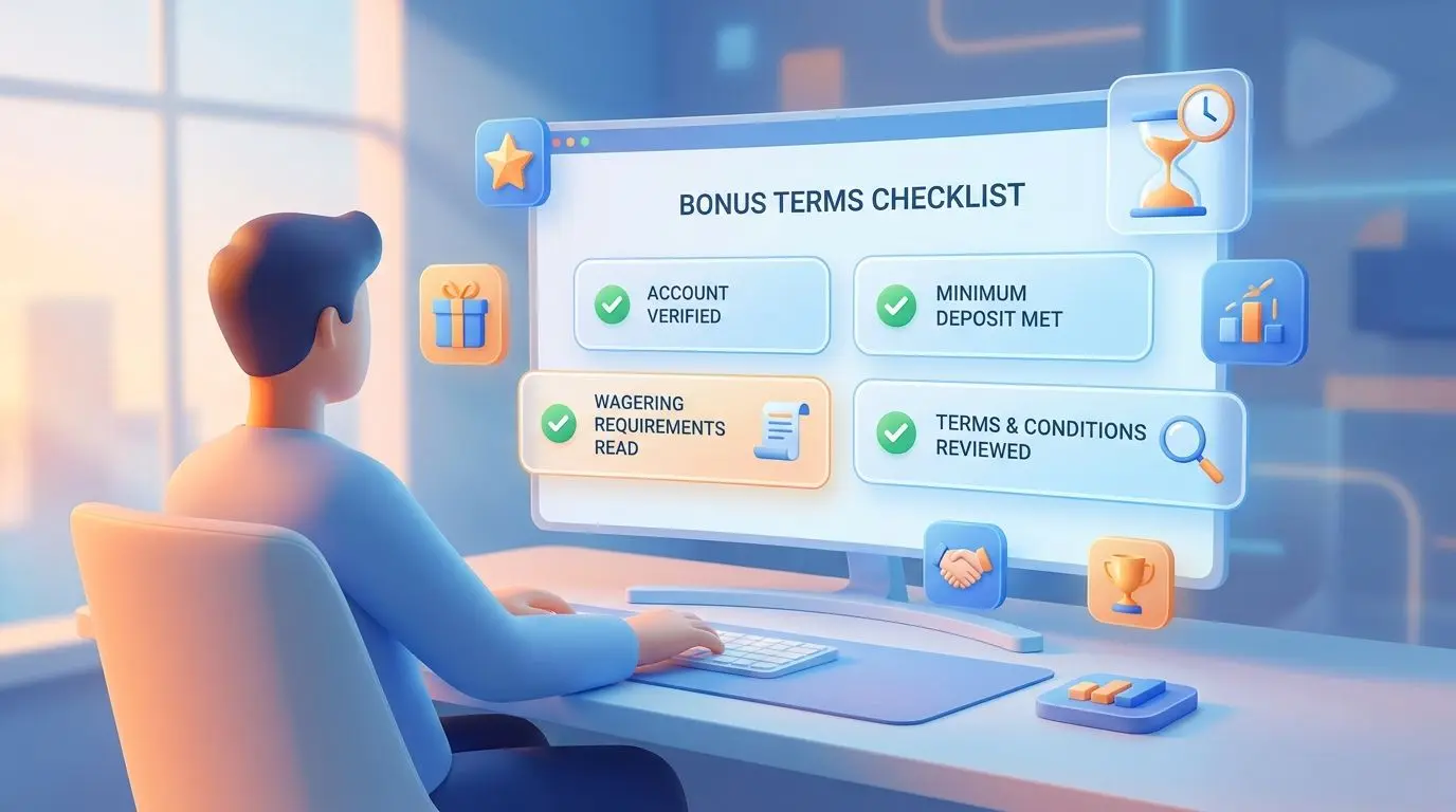 Bonusbedingungen als Checkliste verstehen Checkliste zum PrĂŒfen von Bonusbedingungen auf dem Bildschirm