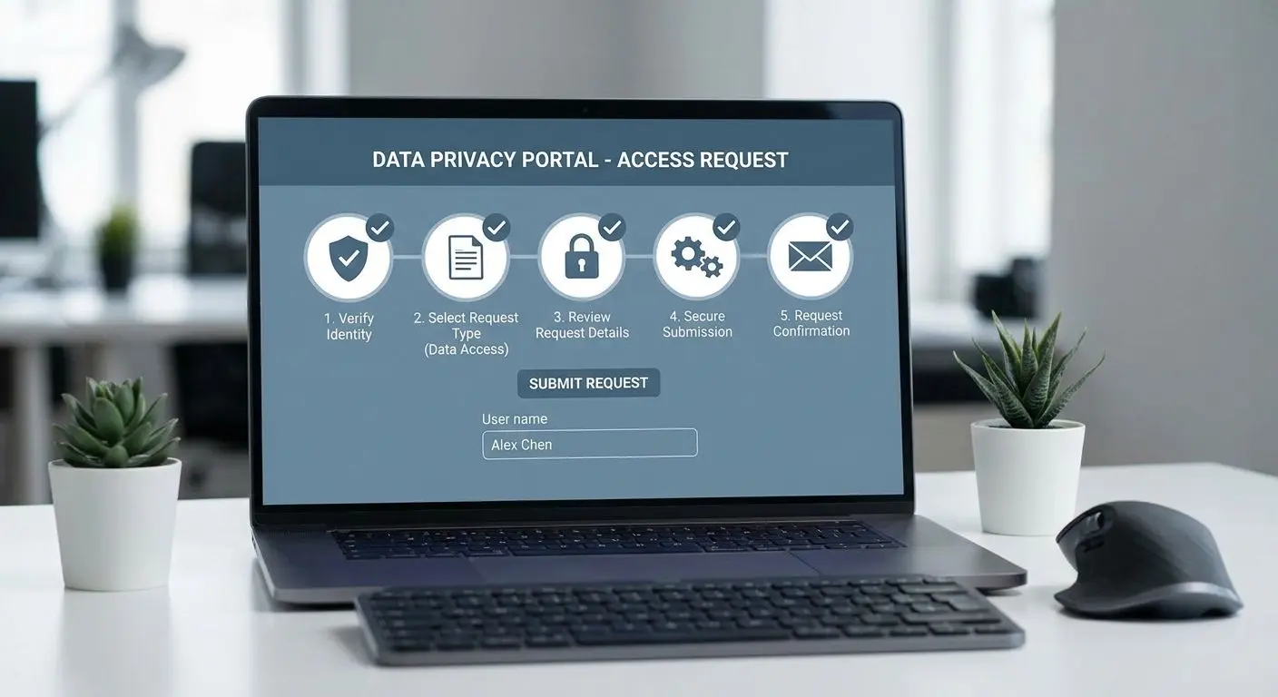 Nutzer stellt am Bildschirm eine Datenschutzanfrage mit Checkliste