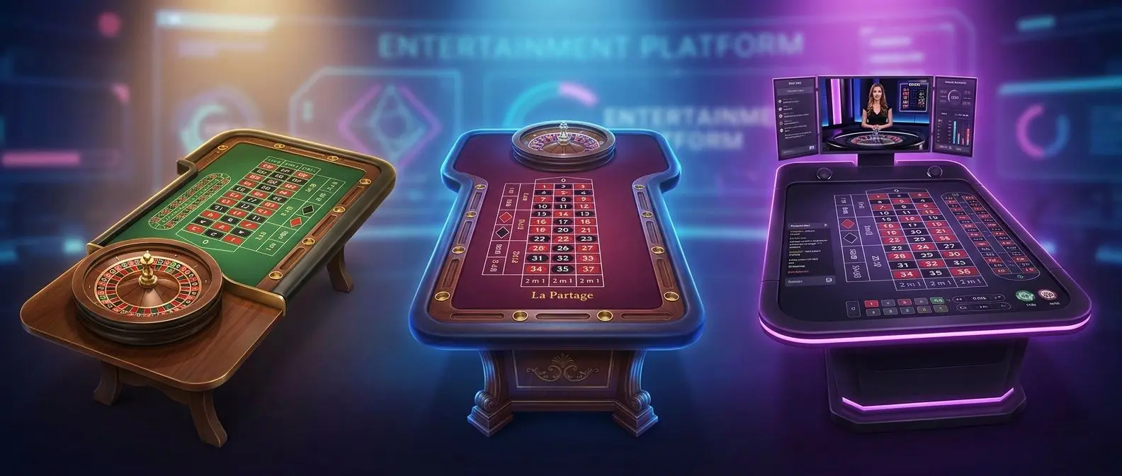 Illustration verschiedener Roulette-Varianten mit klassischem und Live-Tisch
