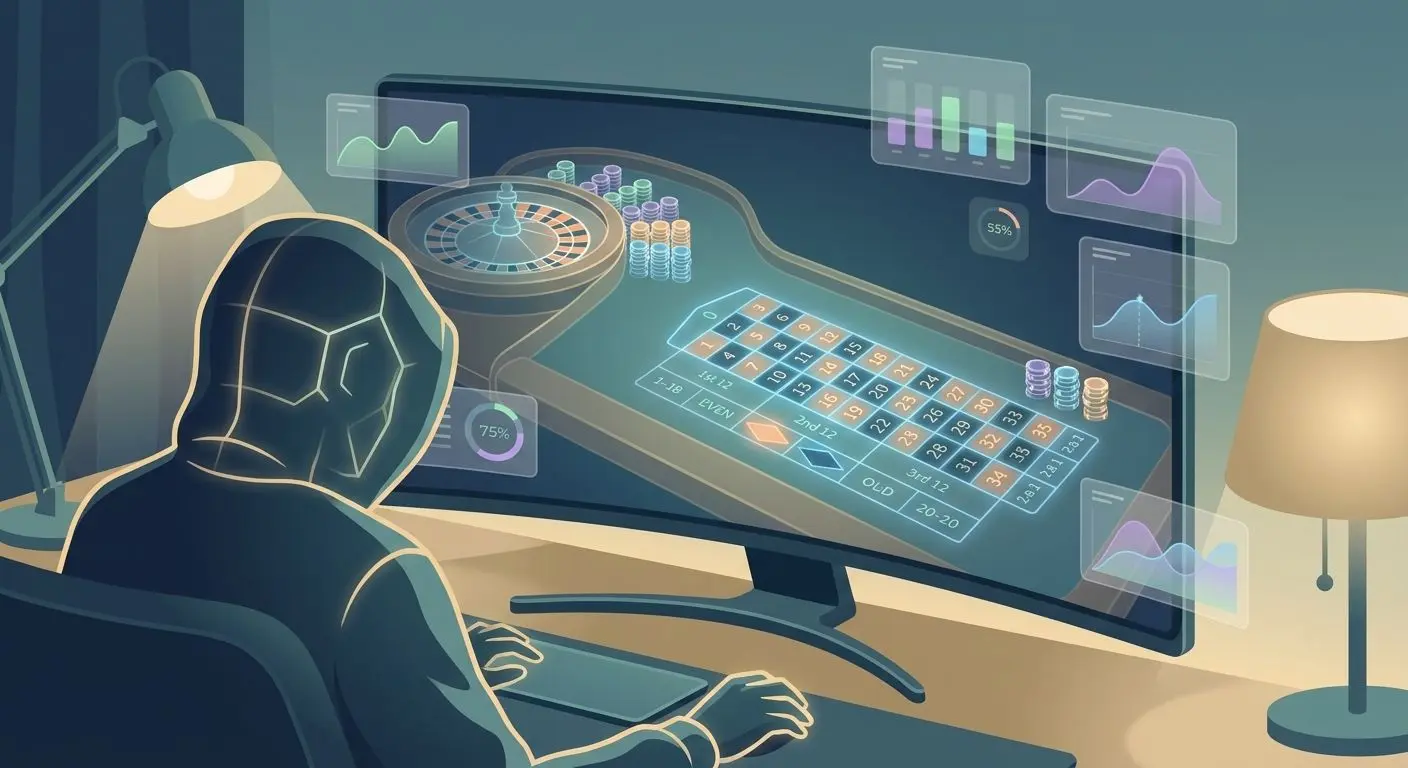 Illustration eines Nutzers vor einem Roulette-Interface mit Einsatzfeldern