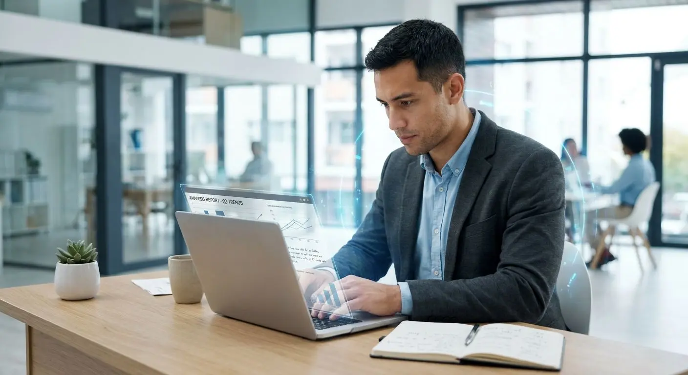 Fiktiver Autor und Analyst arbeitet am Laptop an Support-Inhalten