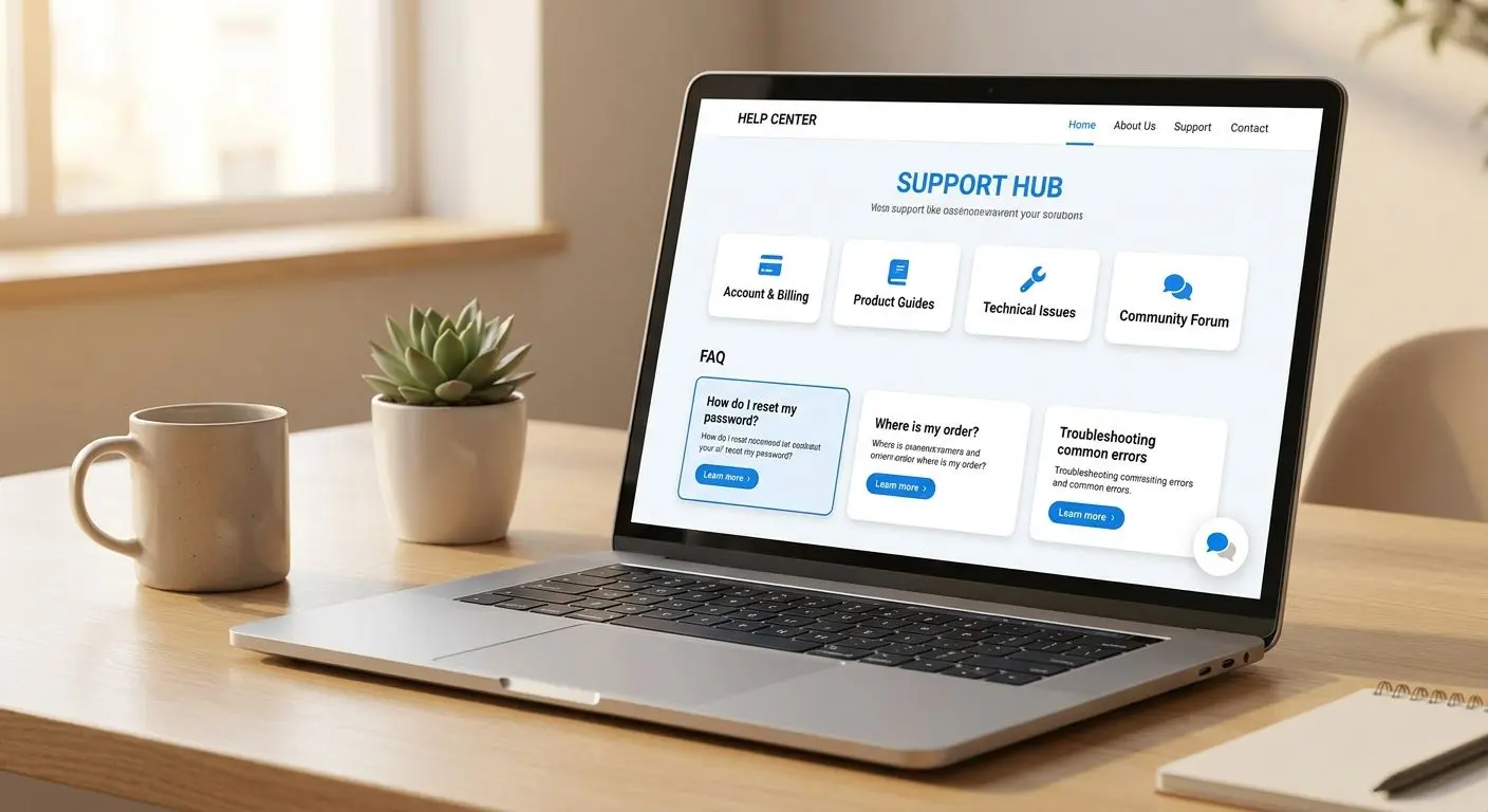 Übersichtliche Support- und FAQ-Seite auf einem Laptop