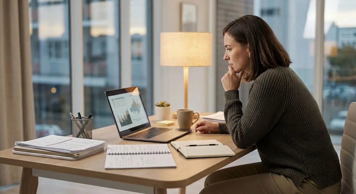 Neutral dargestellter Experte mit Laptop und Notizen